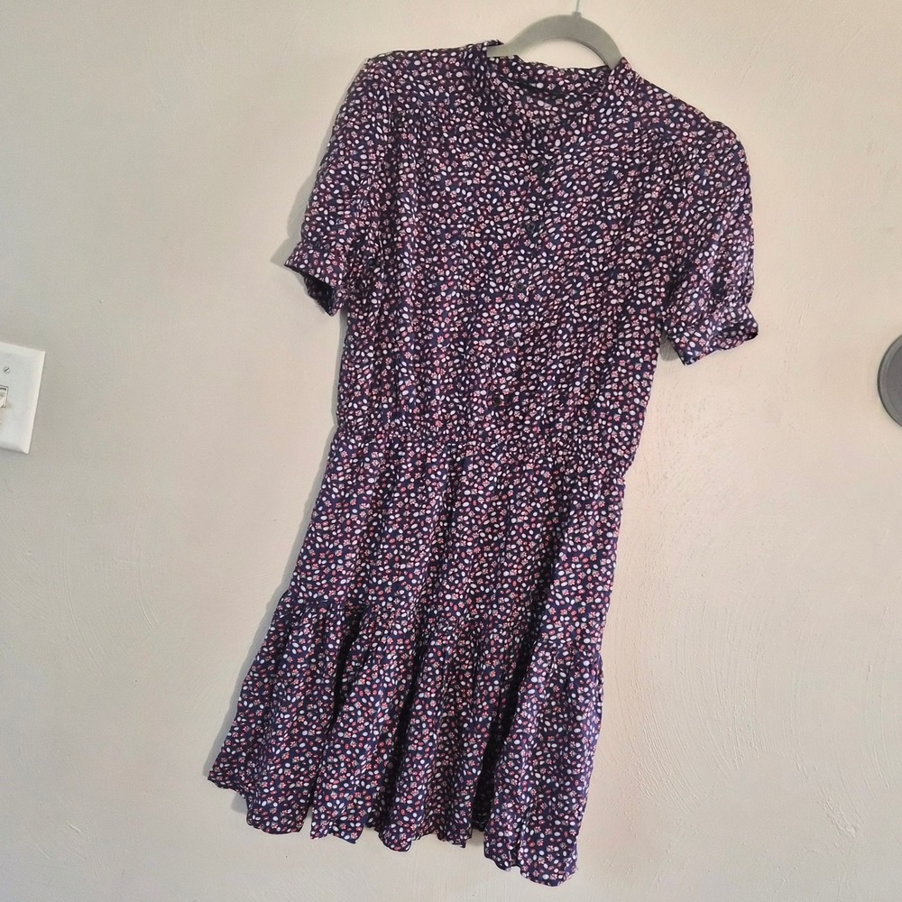 LeShop Korea Womens Medium Navy Floral Shirt Dress Mandarin Feminine Preppy